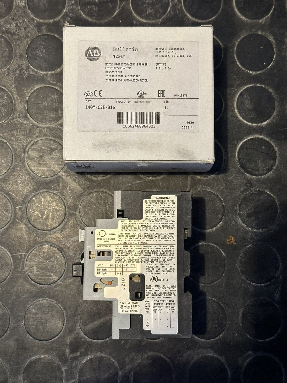 Allen-Bradley 140M-C2E-B16 motor protection circuit breaker, wiring label side