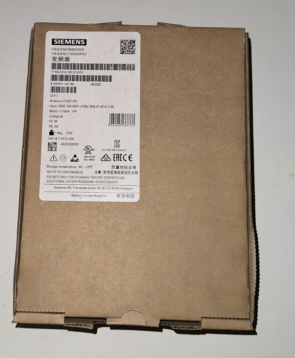 Siemens 6SL3210-1KE12-3UF2 box label: G120C PN, 0.75 kW, 3AC 380-480 V, made in United Kingdom