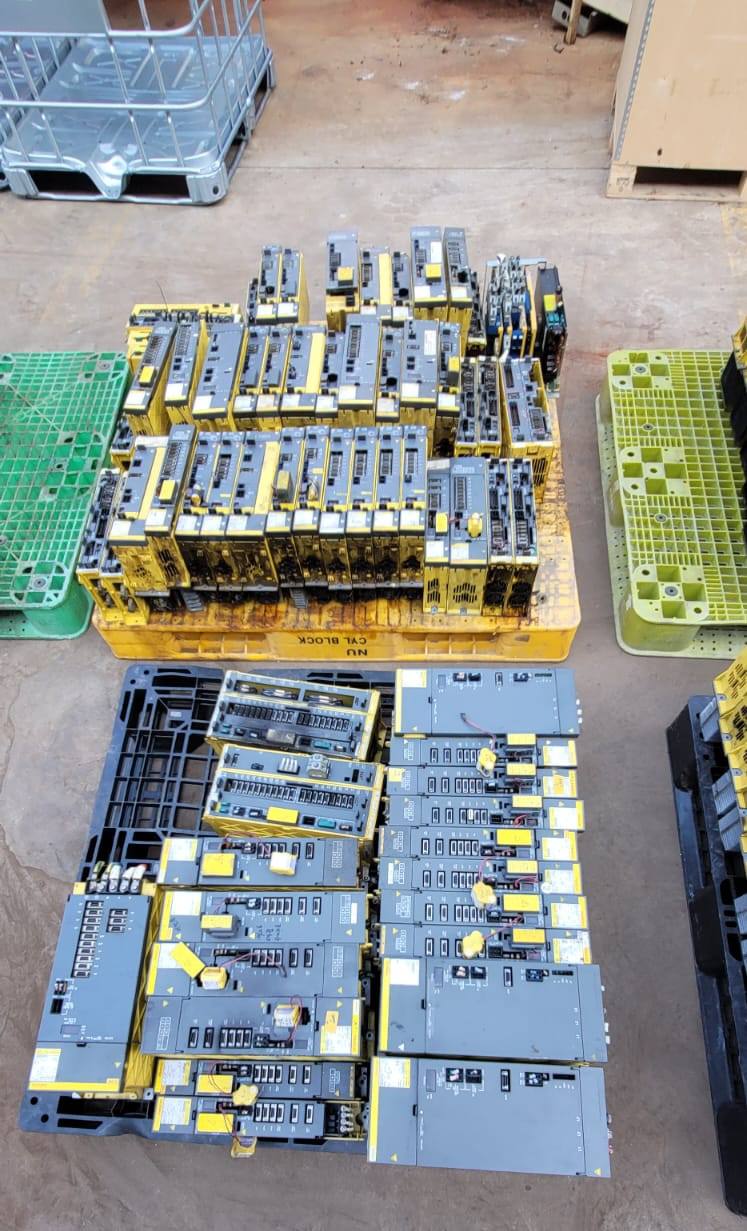 FANUC surplus lot: Pallet of FANUC amplifier modules, top view