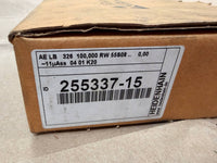 A close-up of a brown cardboard box with a large white product label. The label shows a barcode, the number 255337-15, and the brand name HEDENHAIN vertically on the right side.