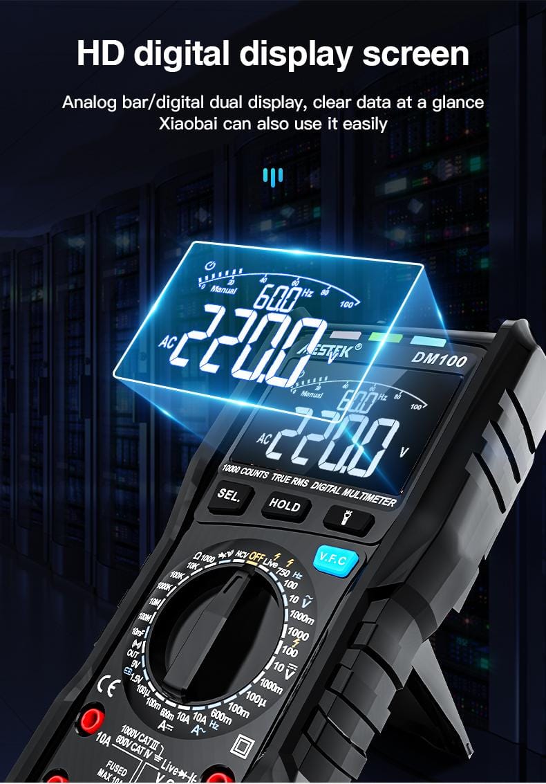 Mestek DM100 TRMS Digital Multimeter - DC Current &amp; Voltage Tester detail view — industrial automation spare part by Samonde
