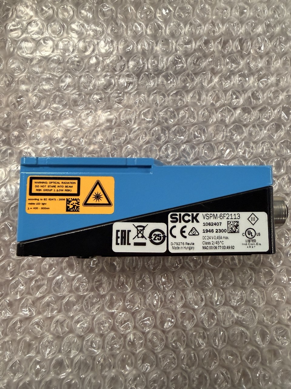 Sick sensor on bubble wrap with various certification logos