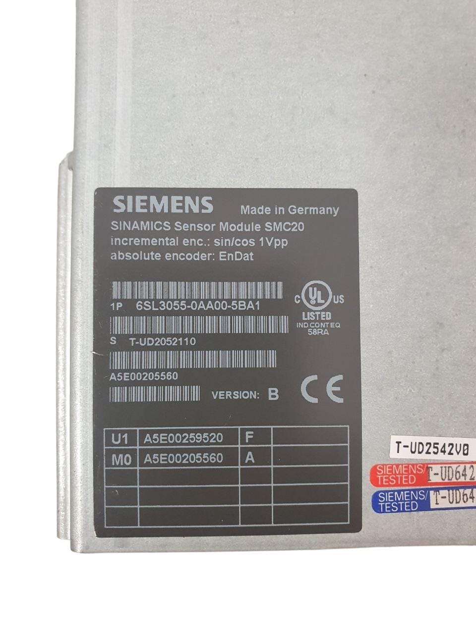 Siemens 6SL3055-0AA00-5BA1 - SMC20 Sinamics label view — industrial automation spare part by Samonde