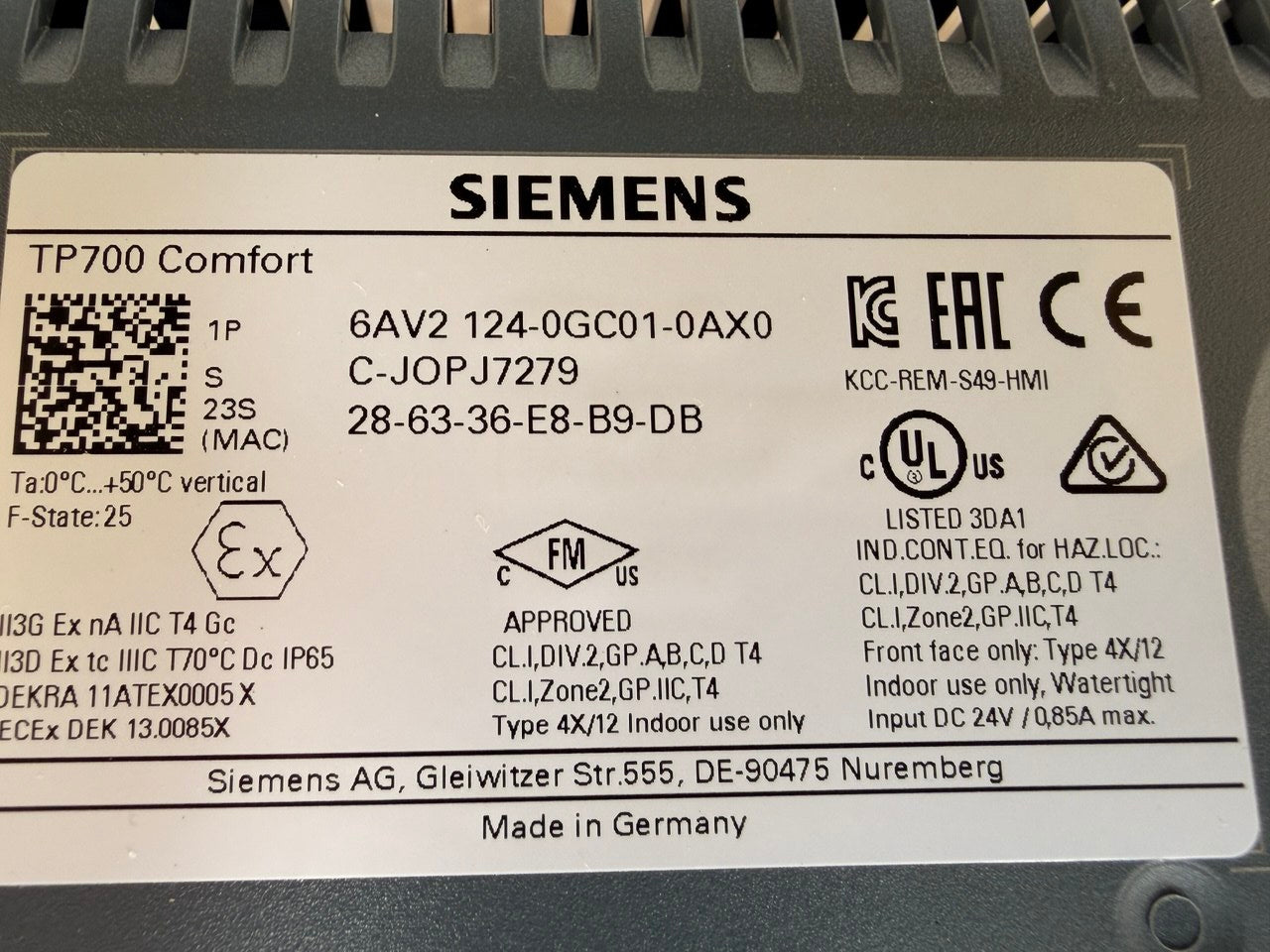 Siemens 6AV2124-0GC01-0AX0 SIMATIC HMI Touch Panel Display