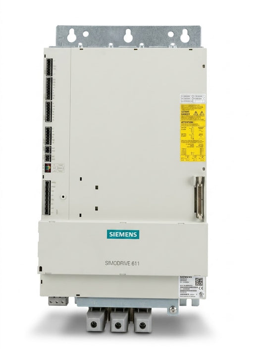 Siemens SIMDRIVE 611 modular drive system unit, featuring a light gray metal chassis with a green Siemens logo, a yellow warning label, and terminal blocks at the bottom, shown on a white background.
