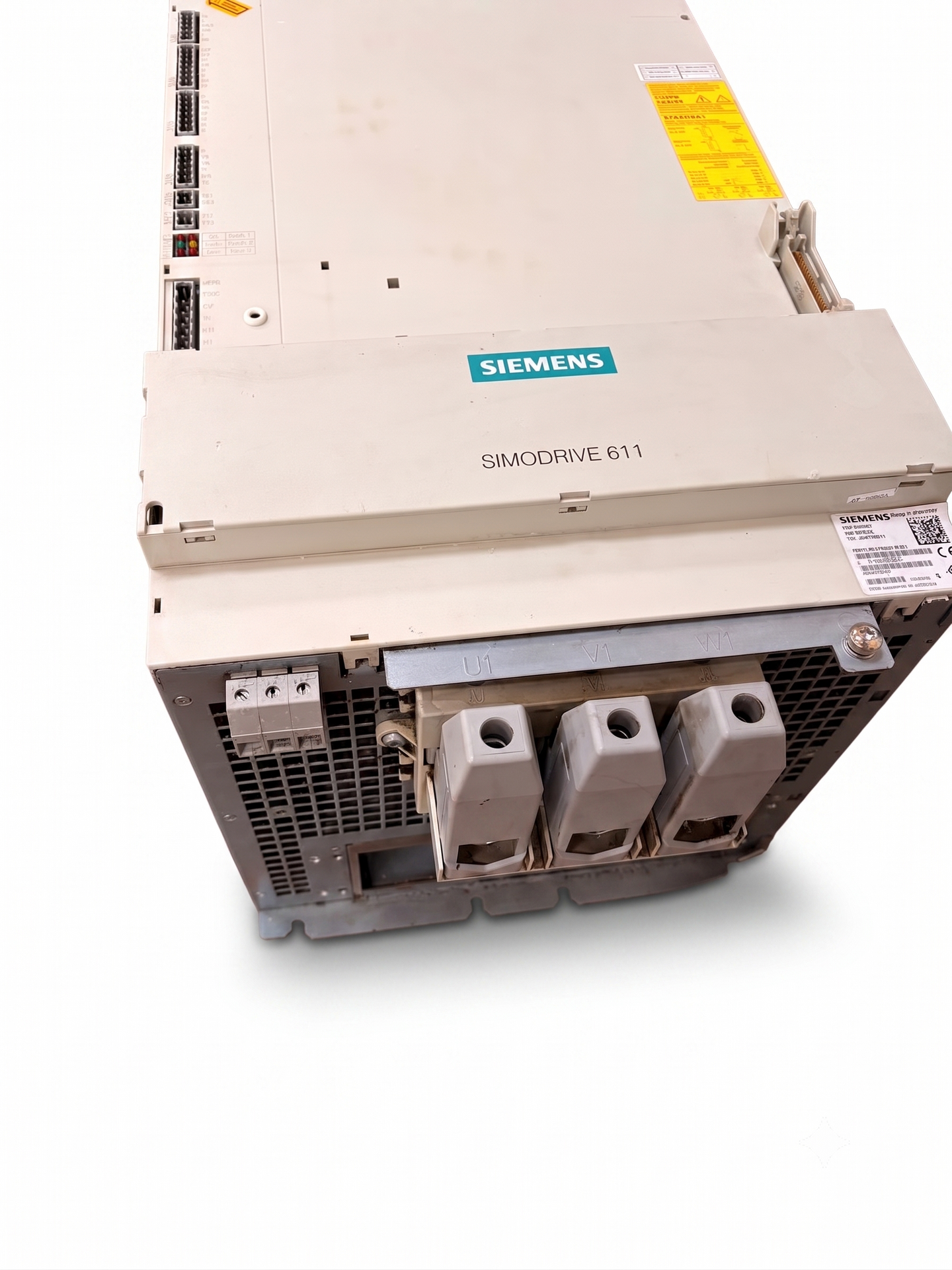 A Siemens SIMO DRIVE 611 industrial drive unit, photographed from an elevated angle against a white background.