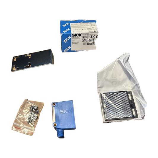 SICK GL10G-P4252 photoelectric retro-reflective sensor with its box (part no. 1065894), mounting bracket, screws and reflector