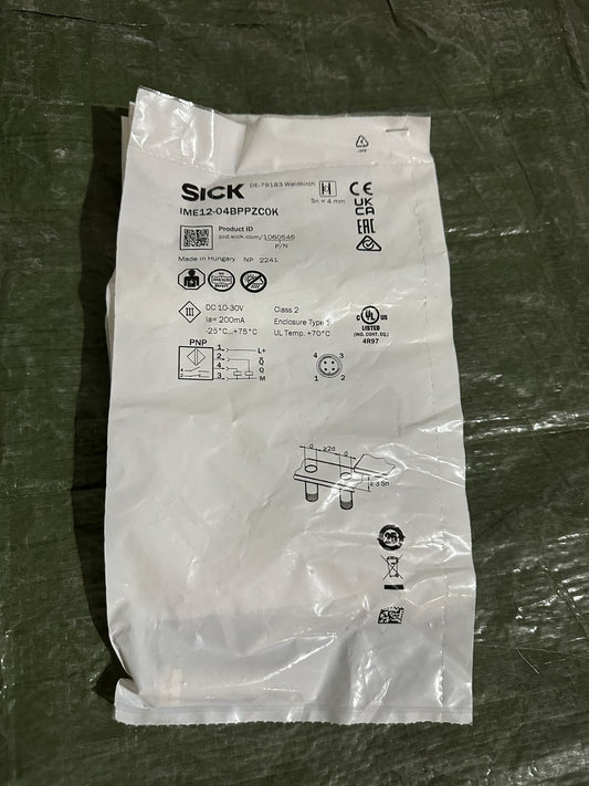 SICK IME12-04BPPZC0K bag label: P/N 1060546, Sn 4 mm, PNP, DC 10-30 V, made in Hungary