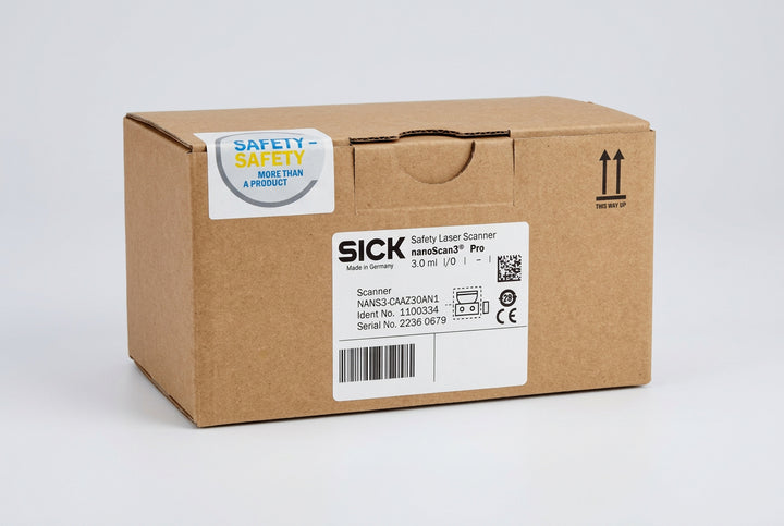 SICK nanoScan3 Pro NANS3-CAAZ30AN1 box label, ident no. 1100334, 3.0 m I/O
