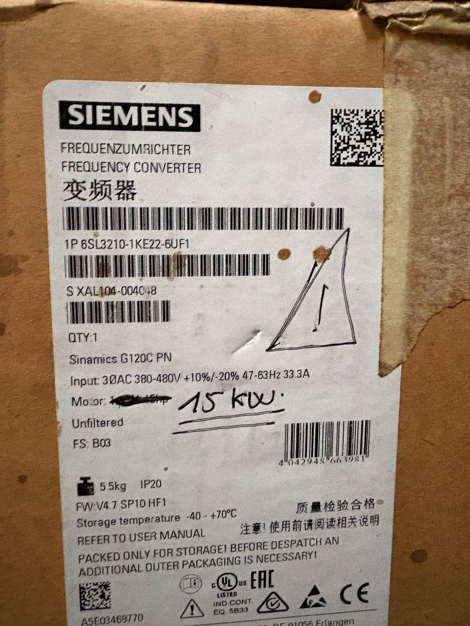 Siemens SINAMICS G120 6SL3210-1KE22-6UF1 Inverter 18.5kW 400V – NEW Open Box label view — industrial automation spare part by Samonde