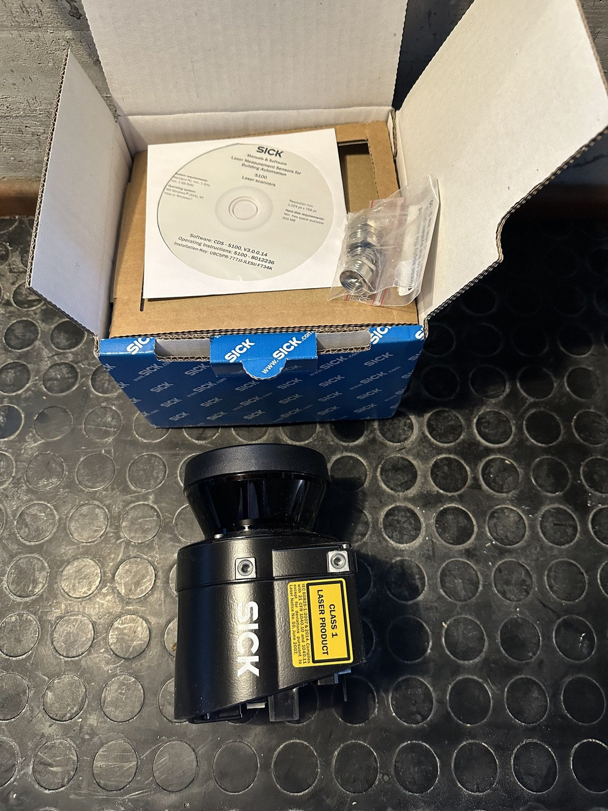 SICK S100 laser scanner, side view with laser class label